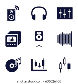 Volume icons set. set of 9 volume filled icons such as sliders, equalizer, loud speaker with equalizer, loudspeaker, disc and music note, headset, music loudspeaker