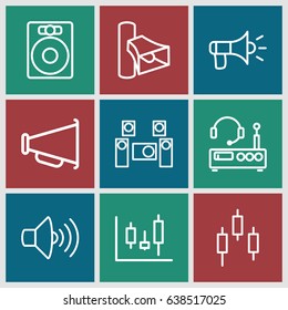 Volume icons set. set of 9 volume outline icons such as volume, audio system, megaphone, listening device, panel control, control panel