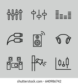 Volume icons set. set of 9 volume outline icons such as equalizer, megaphone, earphones, earphone wire, audio system, music loudspeaker