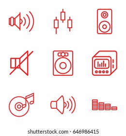 Volume icons set. set of 9 volume outline icons such as equalizer, volume, no sound, loud speaker with equalizer, loudspeaker, disc and music note, control panel