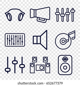 Volume icons set. set of 9 volume outline icons such as megaphone, slider, earphones, disc and music note, equalizer, speaker, audio system