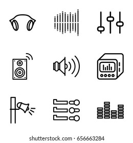 Volume icons set. set of 9 volume outline icons such as megaphone, equalizer, earphones, loud speaker with equalizer, volume, music loudspeaker, adjust