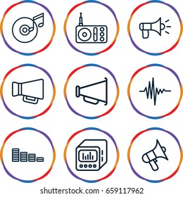 Volume icons set. set of 9 volume outline icons such as equalizer, radio, volume, megaphone, music equalizer, loud speaker with equalizer