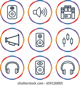 Volume icons set. set of 9 volume outline icons such as volume, loud speaker set, loudspeaker, headset, speaker, megaphone, control panel