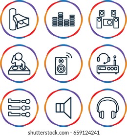 Volume icons set. set of 9 volume outline icons such as volume, megaphone, equalizer, audio system, music loudspeaker, listening device, slider, headphones