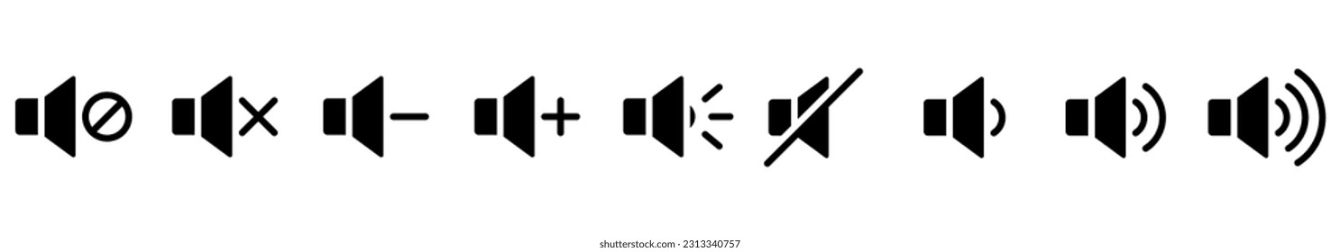 Volume icons set. Sound volume icons. Black volume audio icons. Speaker volume symbol. Vector illustration