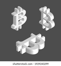 Imagen por volumen del símbolo de la moneda de bit de dinero electrónico criptodivisa en tres ángulos diferentes: izquierda, derecha, arriba. Señales blancas en un fondo gris oscuro. Plantilla de banner