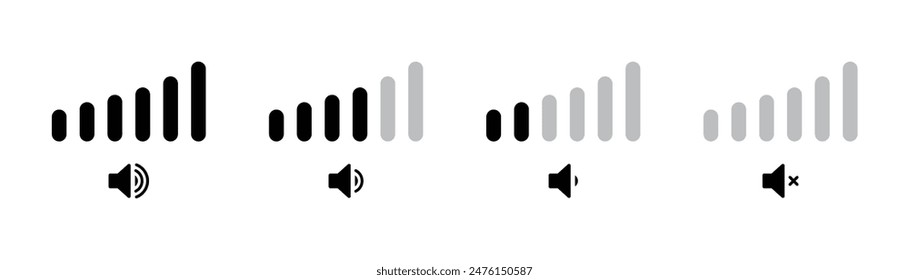 Volume increase interface design set in horizontal style for smartphone and other devices in black color. Volume levels set.