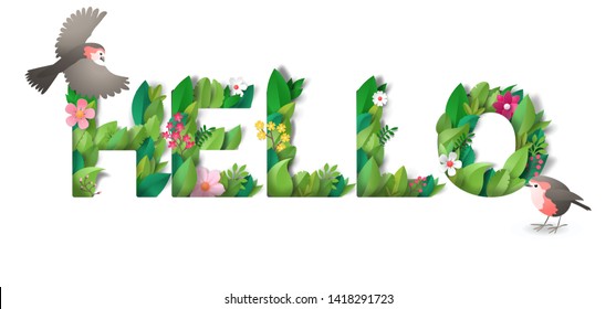 Volume inscription Hello from the leaves and flowers with two cartoon birds. Isolated letters with realistic shadows