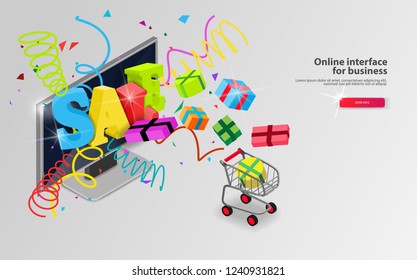 volume inscription sale on the computer screen and shopping cart in isometric