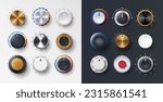 Volume knob. Switch button. Audio dashboard tumblers with stereo control scales. Realistic radio levels tuners. Amplifier or mixer. Recorder regulators. Vector exact dial elements set