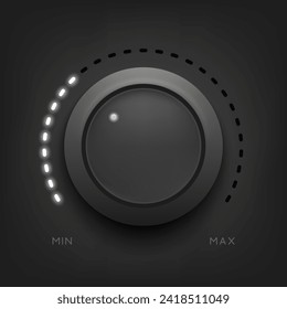 Volume knob. Switch button. Audio dashboard tumbler with stereo control scale. Realistic radio levels tuner. Amplifier or mixer. Recorder regulator. Vector illustration