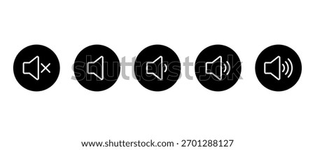 Volume level icon in black circle. Speaker with sound waves symbol. Audio mute, low, medium, and high sign