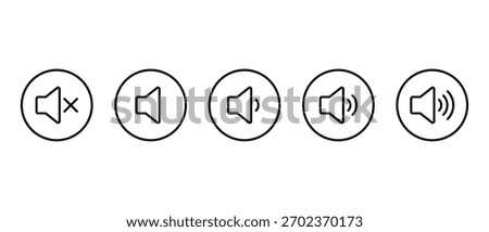 Volume level icon in circular outline. Speaker with sound waves symbol