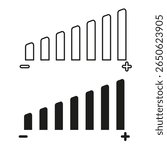 Volume level indicators. Audio adjustment bars. Sound intensity icons. Vector control elements.