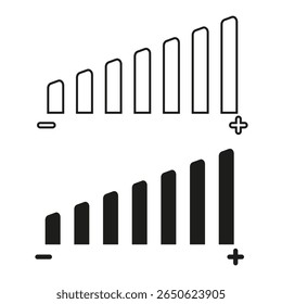 Indicadores de nível de volume. Barras de ajuste de áudio. Ícones de intensidade de som. Elementos de controle vetorial.