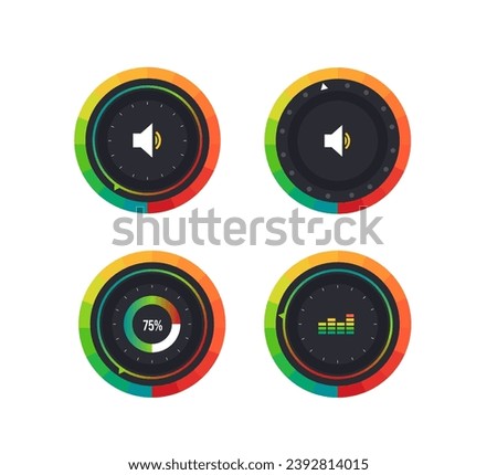 Volume level knob with round scale. Volume level handle. Vector illustration.