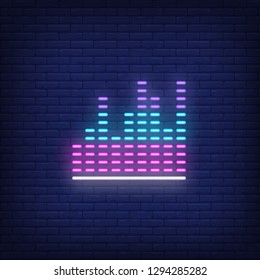 Volume level neon sign. Luminous signboard with equalizer. Night bright advertisement. Vector illustration in neon style for music, sound, audio