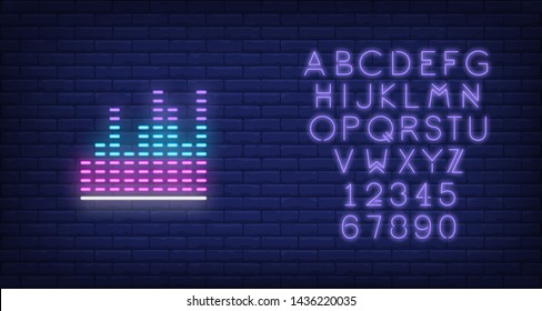 Volume level neon sign. Luminous signboard with equalizer. Night bright advertisement. Vector illustration in neon style for music, sound, audio