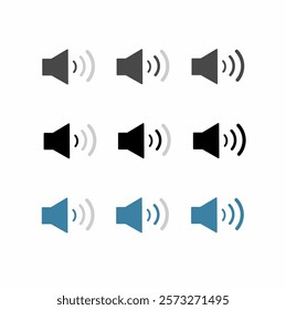 Volume level set. Simple speaker volume icons with sound waves, vector illustration.Аn icon that increases and reduces the sound. Sound icon, volume symbol, speaker sign, audio control icon set.