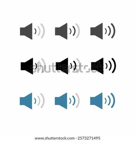 Volume level set. Simple speaker volume icons with sound waves, vector illustration.Аn icon that increases and reduces the sound. Sound icon, volume symbol, speaker sign, audio control icon set.