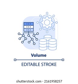 Volume light blue concept icon. Big data characteristic abstract idea thin line illustration. Collected, stored data size. Isolated outline drawing. Editable stroke. Arial, Myriad Pro-Bold fonts used