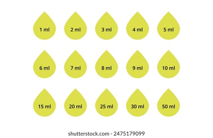 Volume of liquid icon set. Symbols used for pharmacy or cosmetology different millilitres. Herbal oil, vitamin. l-mark vector illustration
