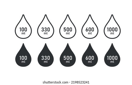 Volume of liquid line icon set. Symbols used for prepacked foods, drinks different milliliters. l-mark vector illustration