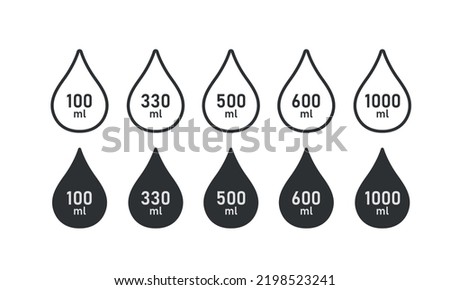 Volume of liquid line icon set. Symbols used for prepacked foods, drinks different milliliters. l-mark vector illustration