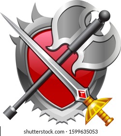 volume logo shield, sword and axe