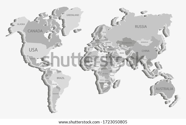 Volume map of the world divided into countries.\
3D map on a light background. countries and continents.\
Stock\
vector.