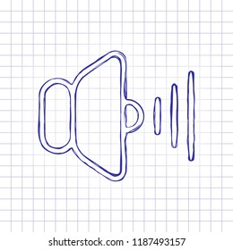 volume max icon. Hand drawn picture on paper sheet. Blue ink, outline sketch style. Doodle on checkered background