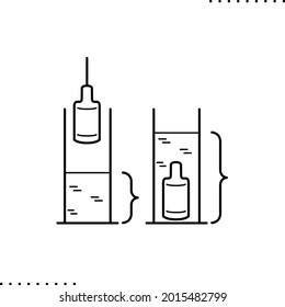 volume measurement, liquid ejection and Archimedes' law vector icon in outline