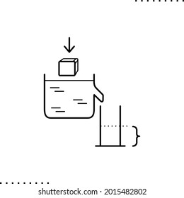 volume measurement, liquid ejection and Archimedes' law vector icon in outline