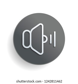 volume medium icon. White paper symbol on gray round button or badge with shadow