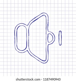 volume min icon. Hand drawn picture on paper sheet. Blue ink, outline sketch style. Doodle on checkered background