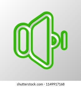 volume min icon. Paper style. Cut symbol with green bold contour on shape and simple shadow