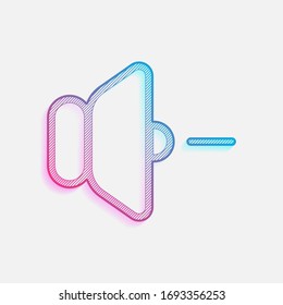 volumen menos icono. Logo coloreado con líneas diagonales y degradado azul-rojo. Gráfico neón, efecto ligero