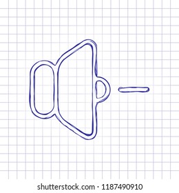 volume minus icon. Hand drawn picture on paper sheet. Blue ink, outline sketch style. Doodle on checkered background