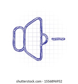 volume minus icon. Hand drawn sketched picture with scribble fill. Blue ink. Doodle on white background