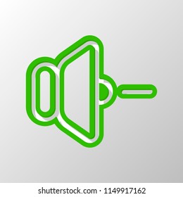 volume minus icon. Paper style. Cut symbol with green bold contour on shape and simple shadow