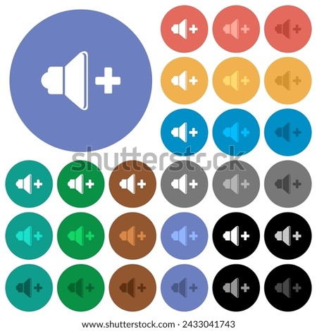 Volume up multi colored flat icons on round backgrounds. Included white, light and dark icon variations for hover and active status effects, and bonus shades.