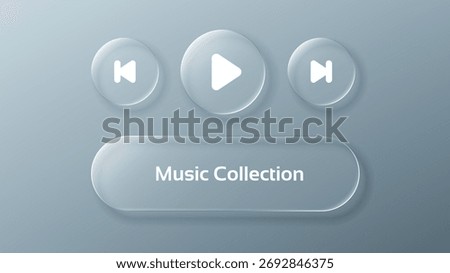Volume music glass morphism panel for application or web design. Liquid glass vector media player with user interface elements.