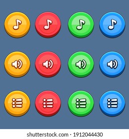 Botón Volumen, Música, Silencio y Menú para juegos rojo, amarillo, verde, azul para diseño de juegos e interfaz