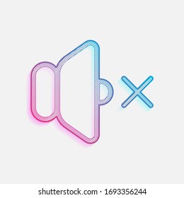 volume mute icon. Colored logo with diagonal lines and blue-red gradient. Neon graphic, light effect