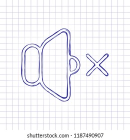 volume mute icon. Hand drawn picture on paper sheet. Blue ink, outline sketch style. Doodle on checkered background