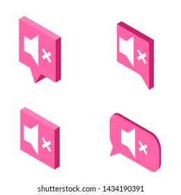 Volume Mute Isometric Icons In Speech Bubbles Set. Sound Symbol. Vector Illustration