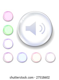 Volume or mute media player icon on translucent glass orb vector button