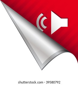 Volume or mute media player icon on vector peeled corner tab suitable for use in print, on websites, or in advertising materials.