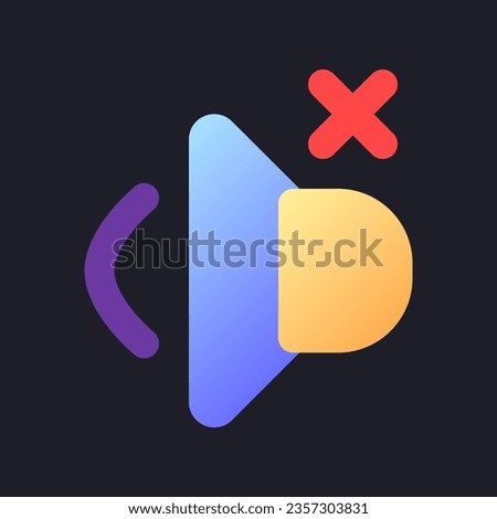 Volume off flat gradient fill ui icon for dark theme. Mute audio in video. Remove sound. Music mode. Pixel perfect color pictogram. GUI, UX design on black space. Vector isolated RGB illustration